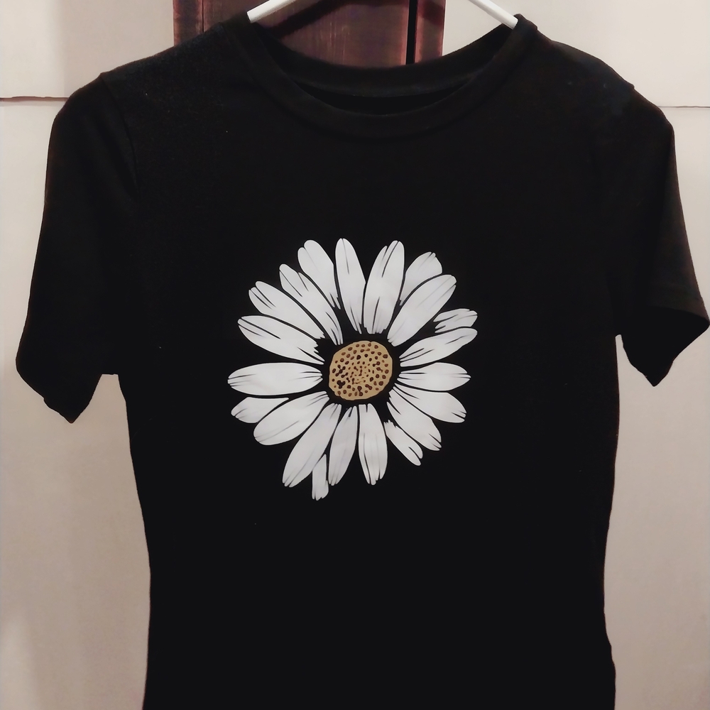 SHEIN Black Tee with White Floral Design